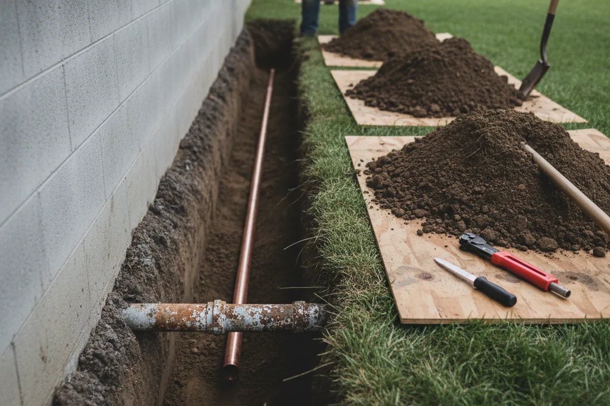 Excavated water line trench during Sewer Line Repair in Higginson